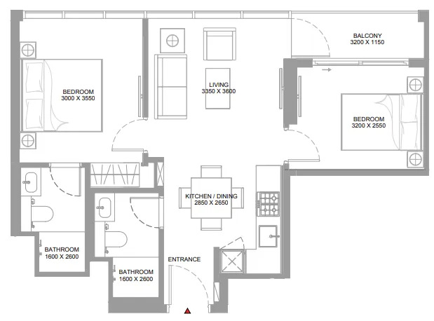 Canalside Marina Residences 2 bed floor plan, 652 – 654 sqft