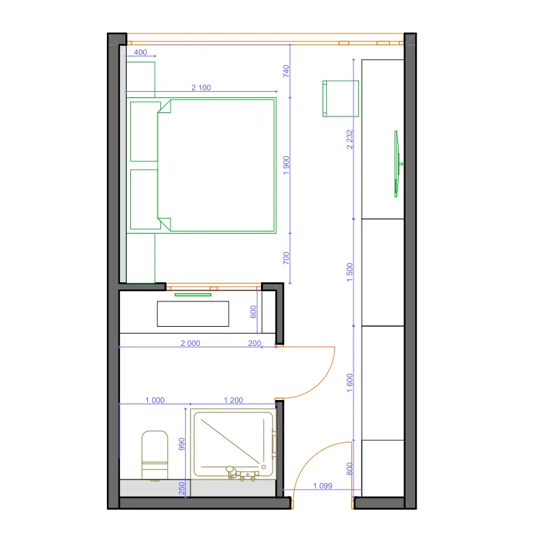 Ardhana Residence Hotel 1 bed floor plan, 269 sqft