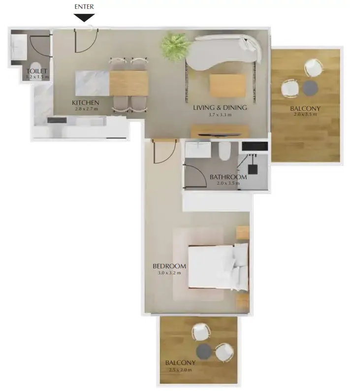 Treppan Tower 1 bed floor plan, 621 – 630 sqft