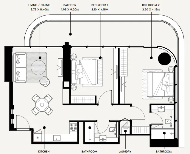 Azizi Milan 2 bed floor plan, 1,122 sqft