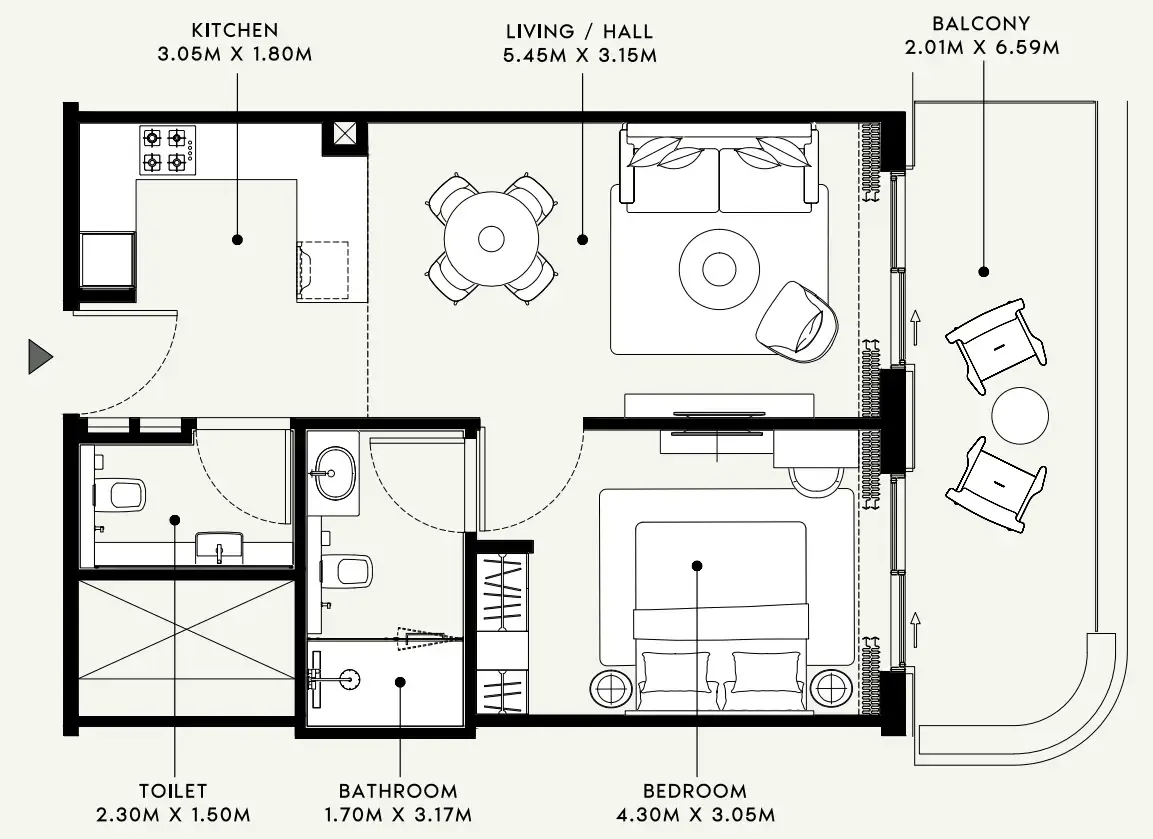 Azizi Venice 1 bed floor plan, 737 sqft