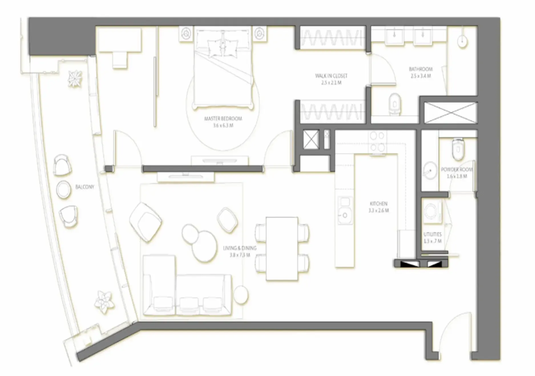 Palm Beach Tower 3 1 bed floor plan, 1,168 sqft