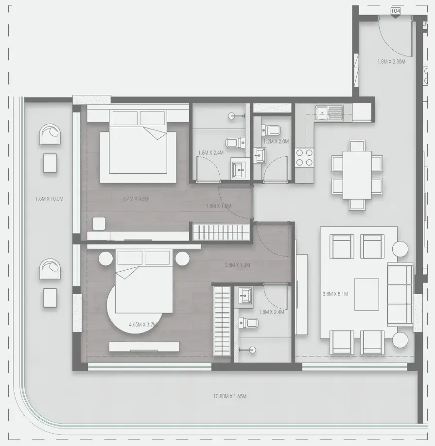 Valores Residences 2 bed floor plan, 1,404 sqft