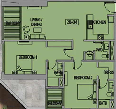 Jade Tower 2 bed floor plan, 1,262 sqft