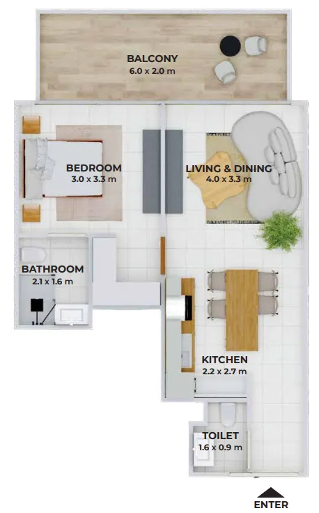 Treppan Tower 1 bed floor plan, 643 sqft