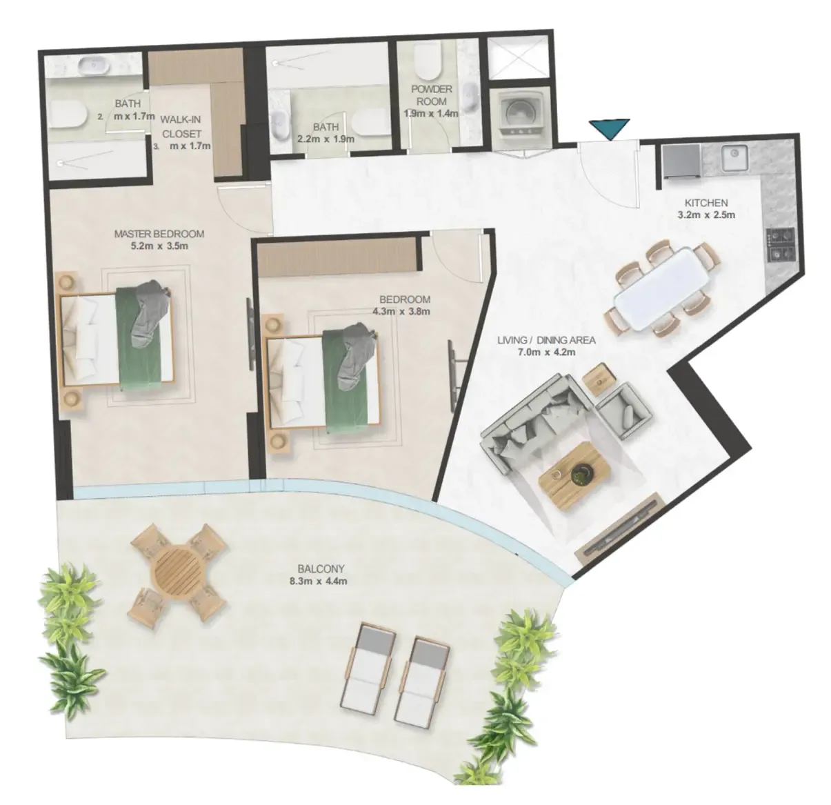 Oystra 2 bed floor plan, 1,405 sqft