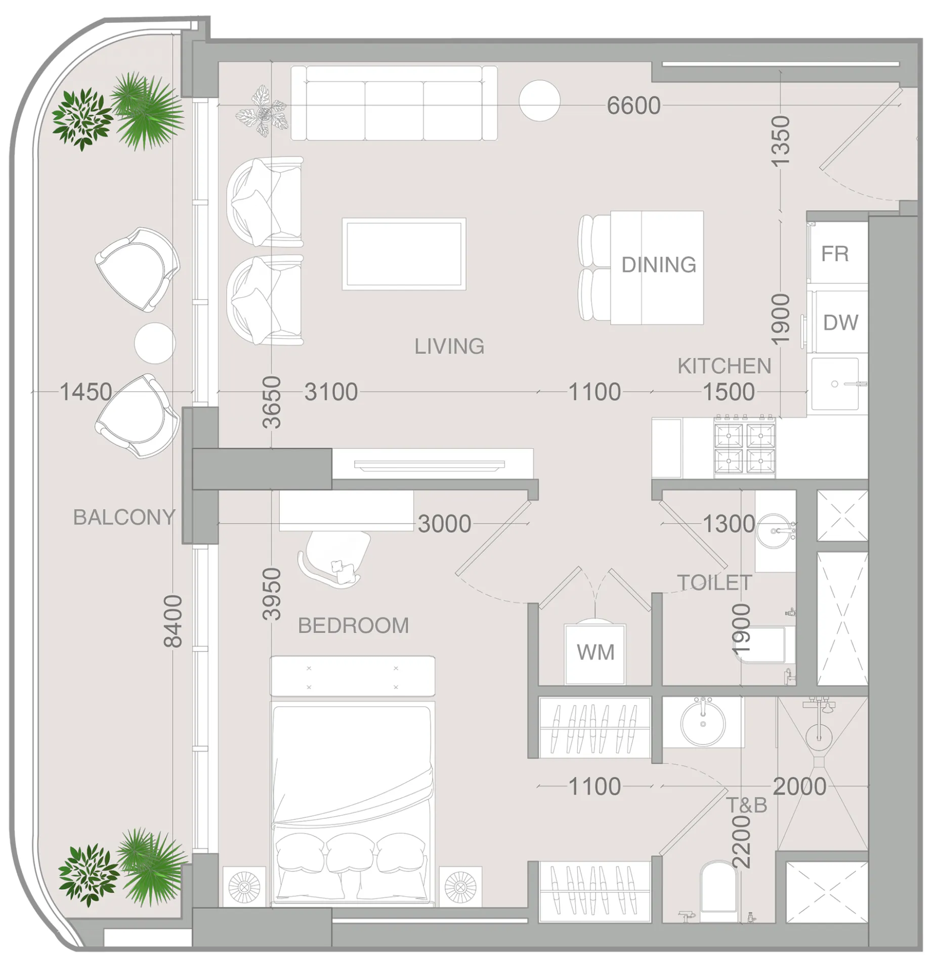 ALTA V1EW 1 bed floor plan, 735 sqft