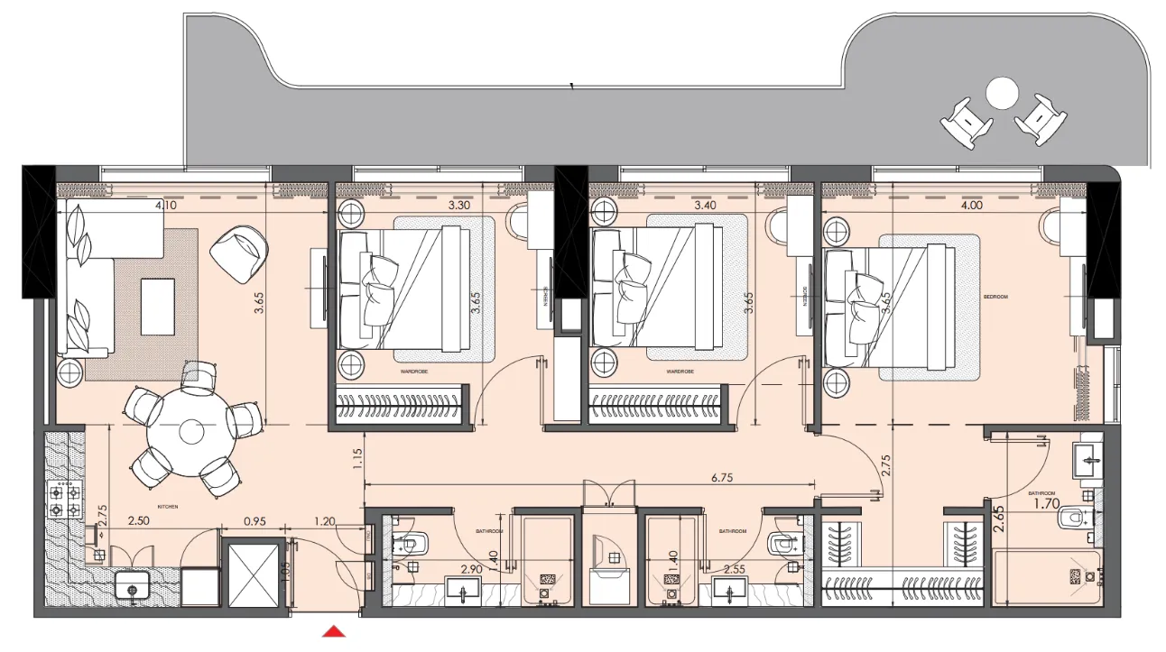 Azizi Wasel 3 bed floor plan, 1,373 sqft