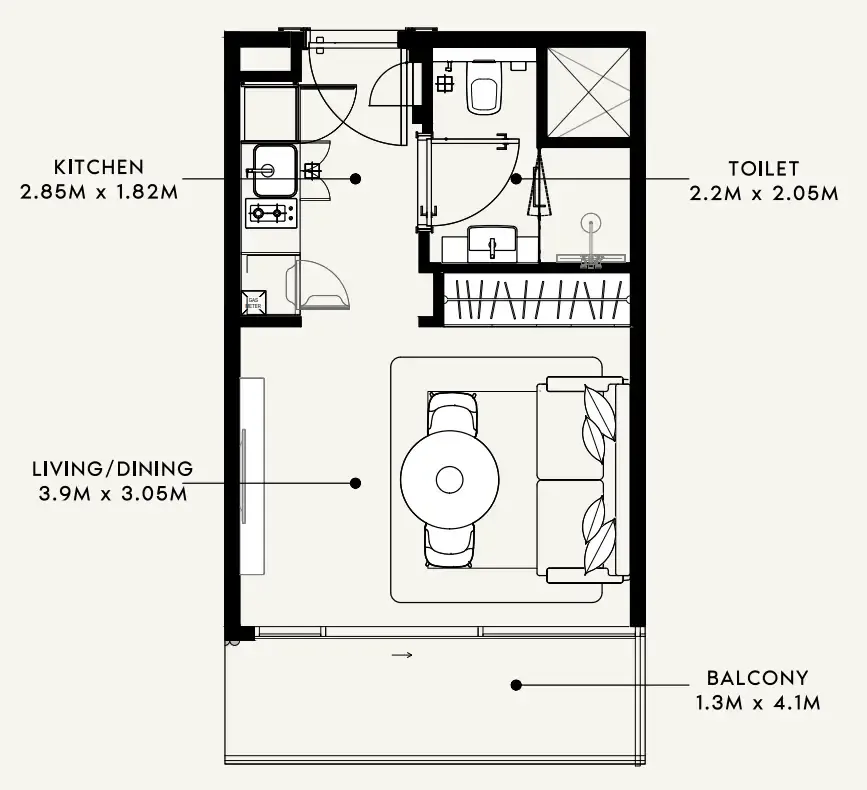 Azizi Milan Studio floor plan, 336 sqft