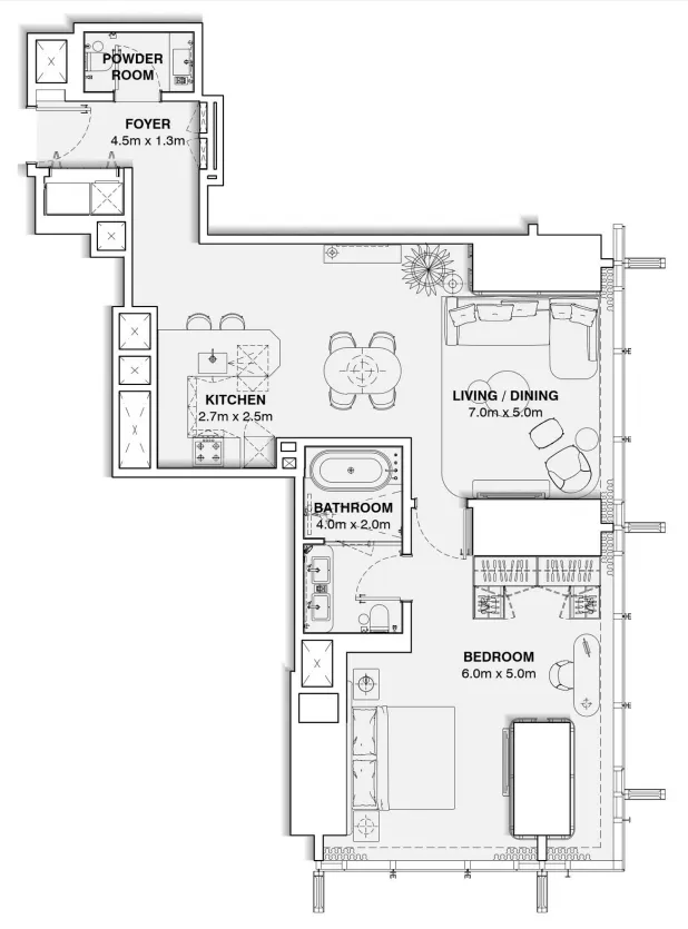 Burj Azizi 1 bed floor plan, 1,067 sqft