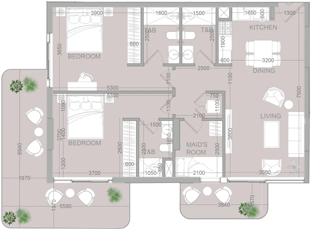 TETR1S Tower 2 bed floor plan, 1,243 sqft