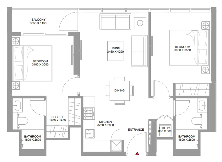 Pierside Marina Residences 2 bed floor plan, 776 sqft