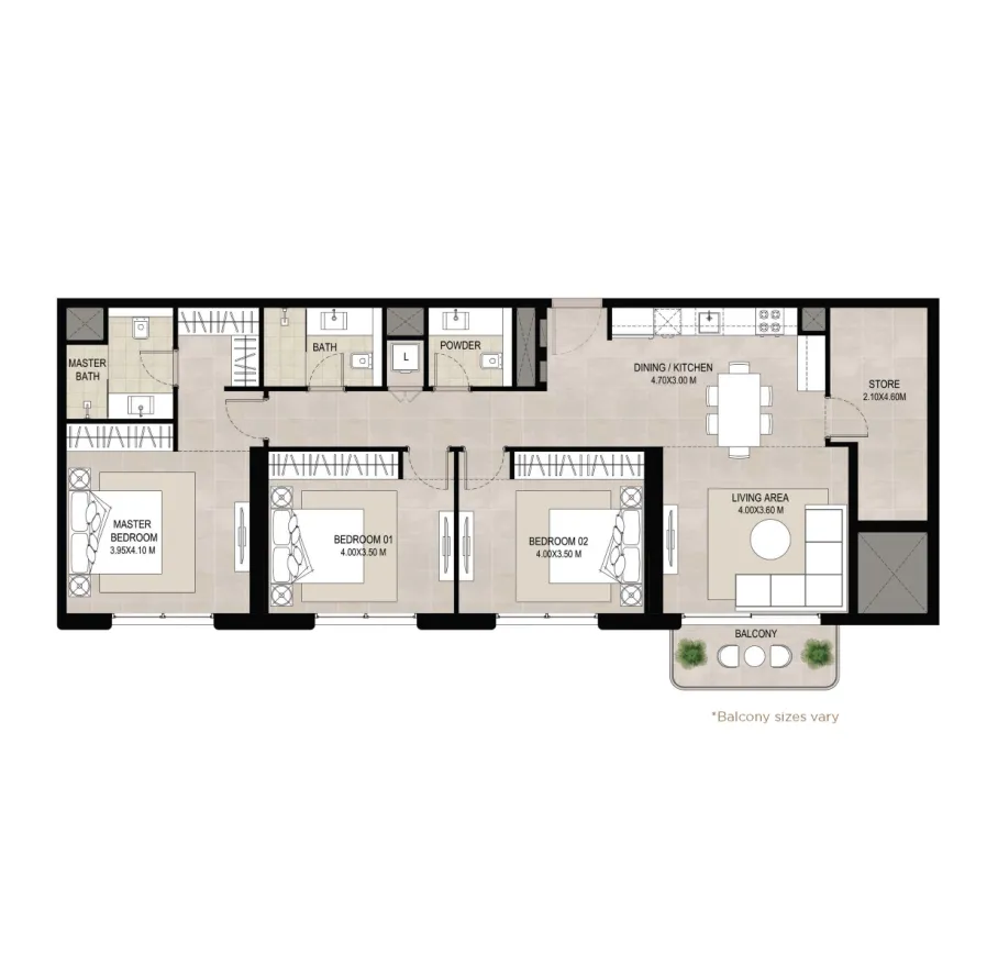 Symphony on the Рark 3 bed floor plan, 1,355 sqft