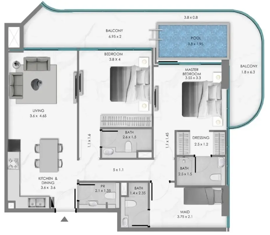 Samana Ocean Bay 2 bed floor plan, 1,434 sqft
