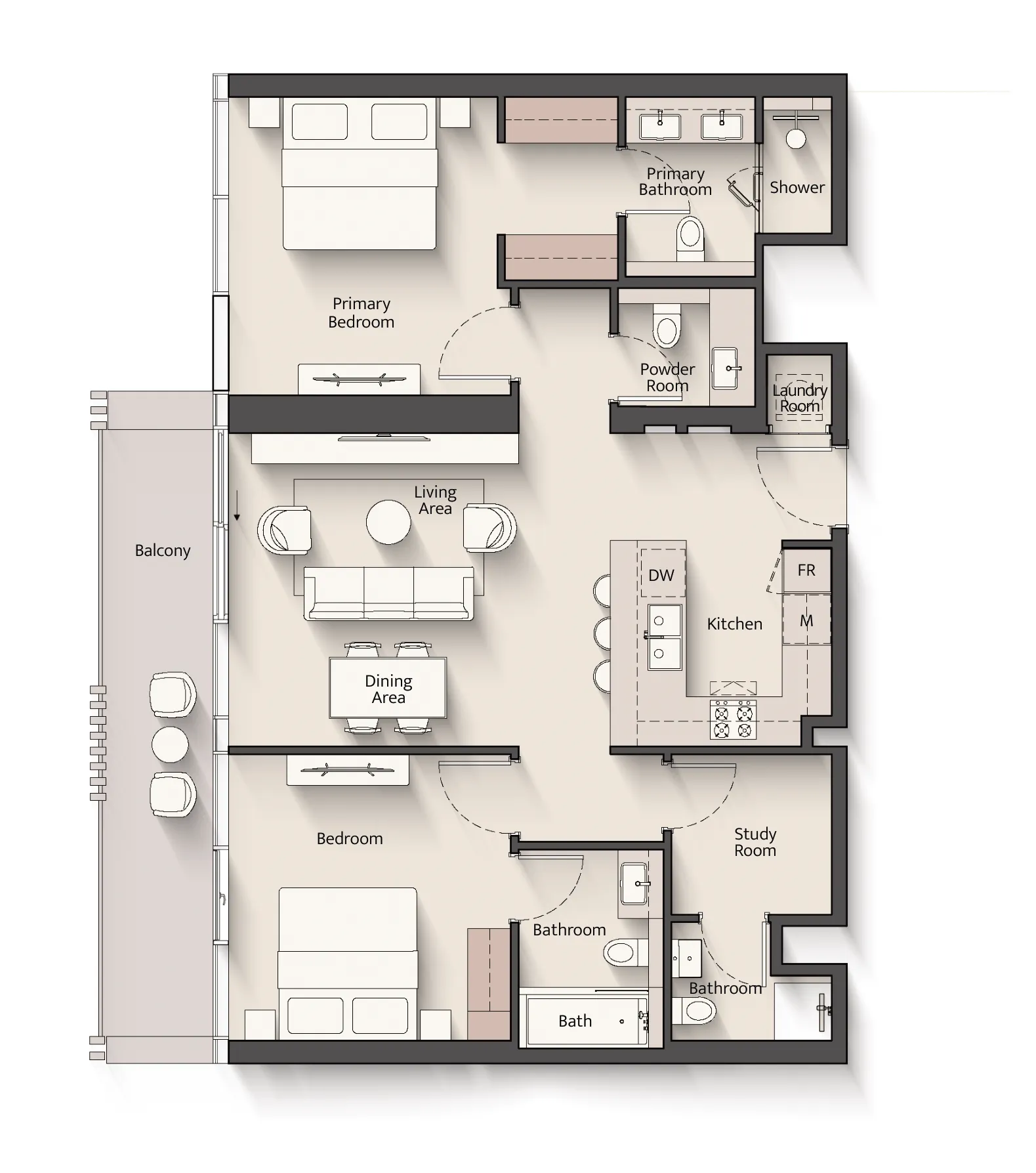 Everly Place 2 bed floor plan, 1,204 – 1,231 sqft