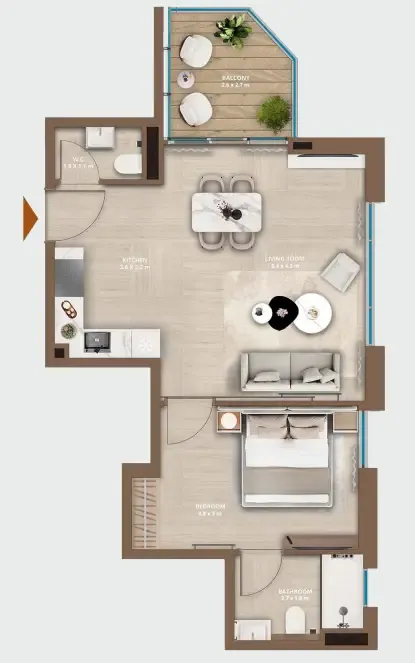 Celeste by HRE 1 bed floor plan, 671 sqft