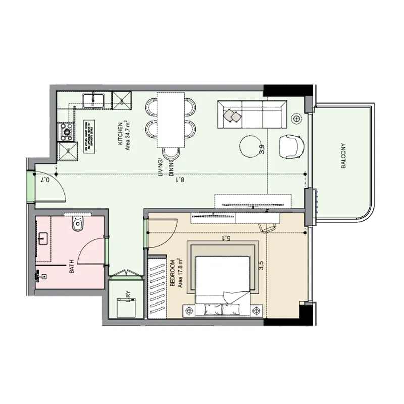Edgewater Residences 1, 2 and 3 1 bed floor plan, 786 sqft