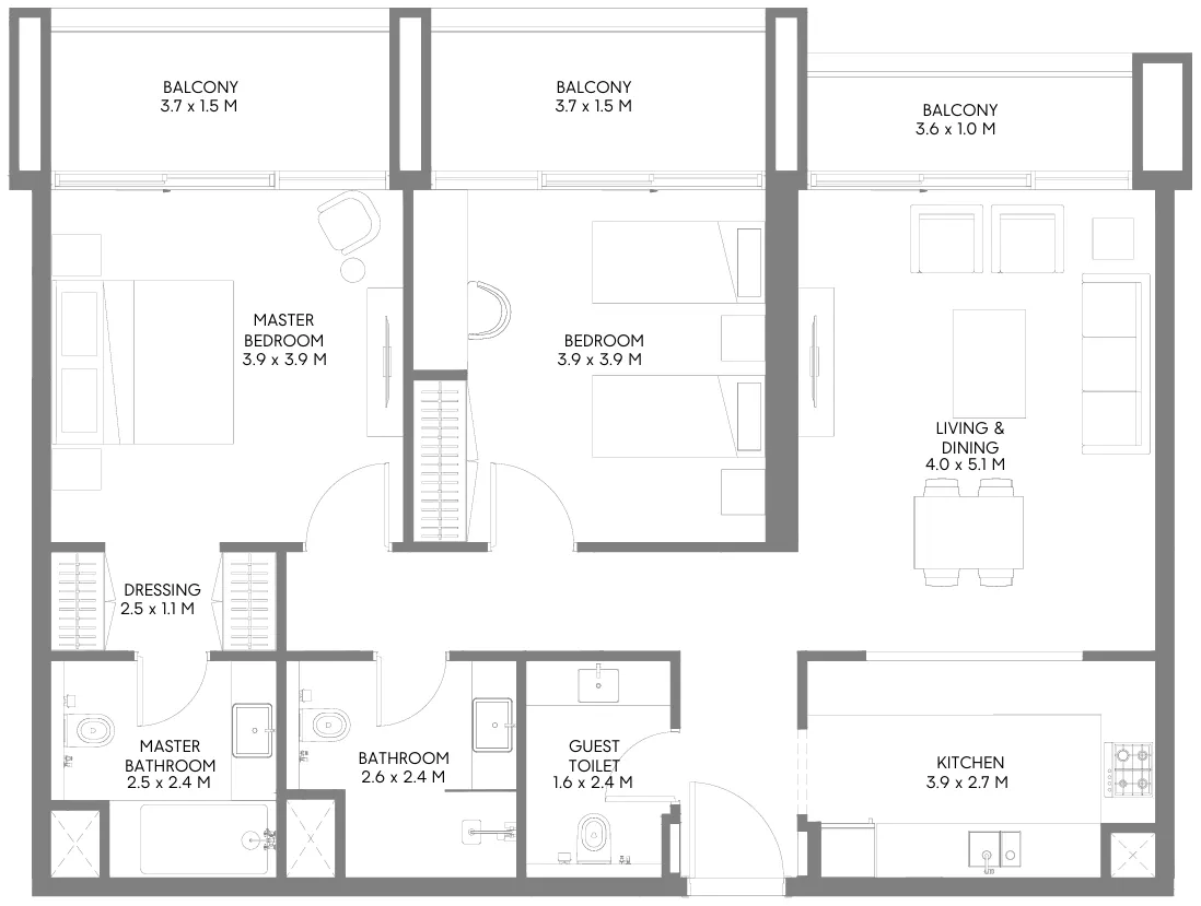 Jenna 1 2 bed floor plan, 1,213 – 1,240 sqft
