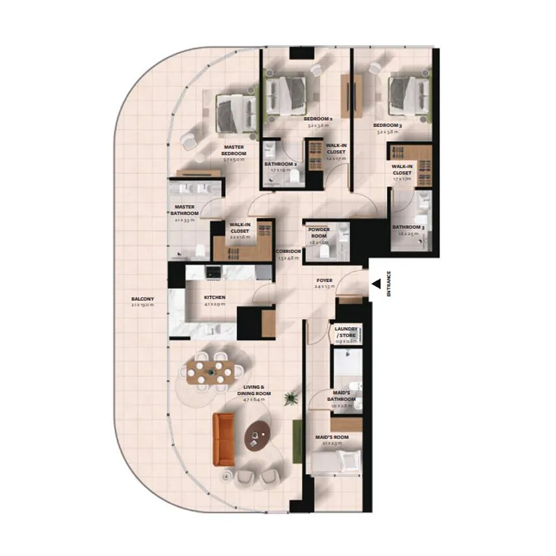Waada Dubai South 3 bed floor plan, 2,238 – 2,822 sqft