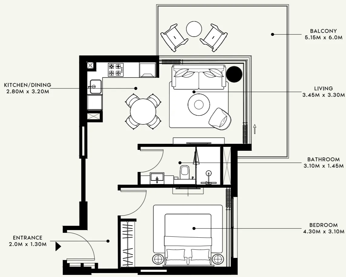 Azizi Venice 1 bed floor plan, 720 sqft