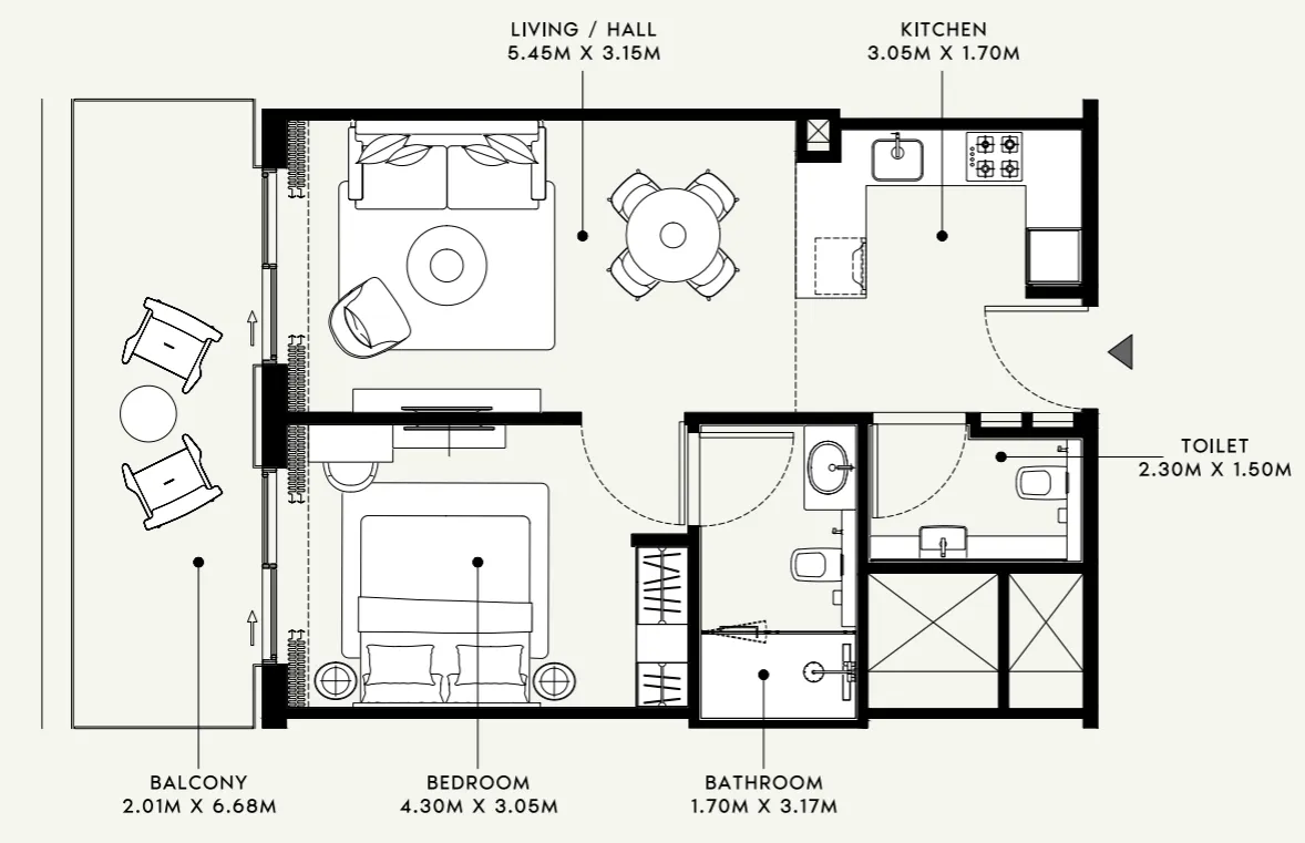 Azizi Venice 1 bed floor plan, 736 sqft