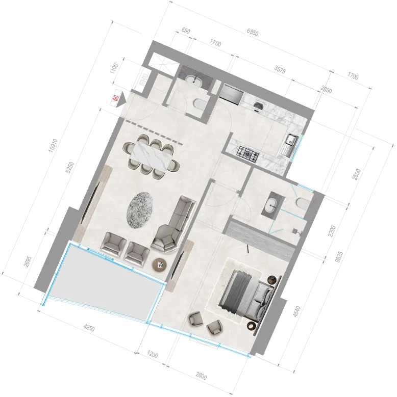 Orchid Towers Phase 1 1 bed floor plan, 842 sqft