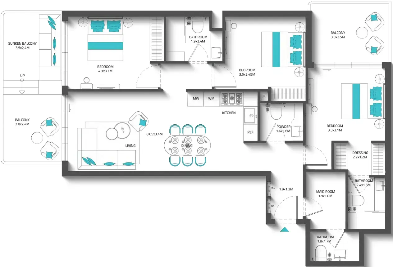 Reef 996 3 bed floor plan, 1,423 sqft