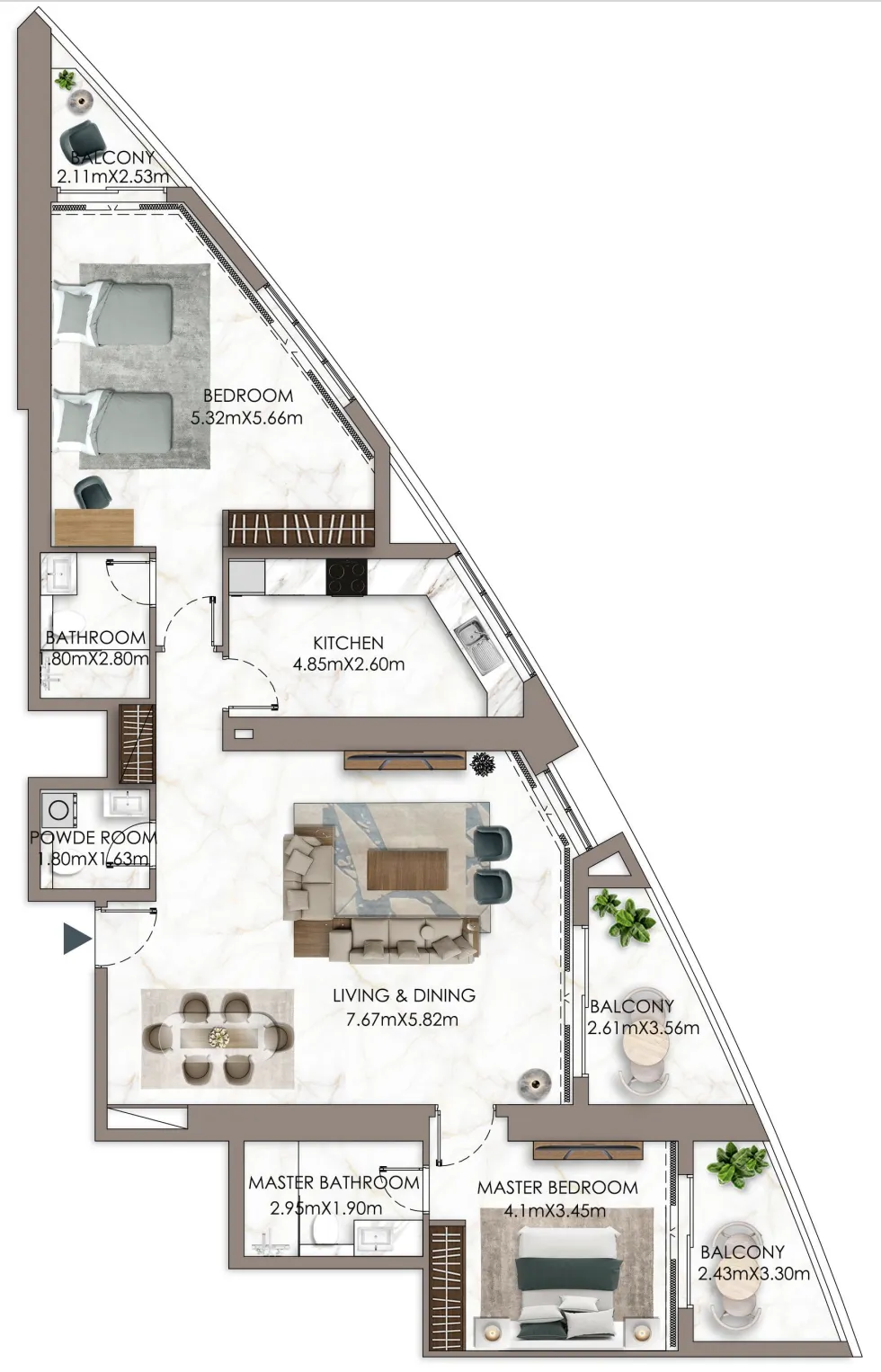Ajman Pearl Tower 2 bed floor plan, 2,096 sqft