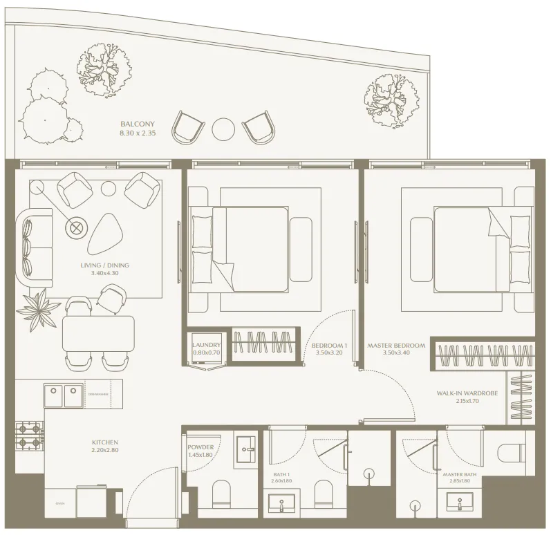 AYA Beachfront Residences 2 bed floor plan, 1,033 – 1,293 sqft