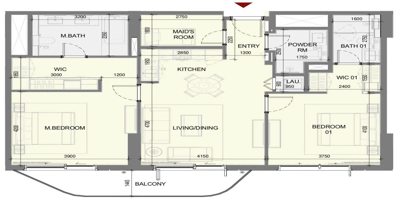 Takaya 2 bed floor plan, 1,258 sqft