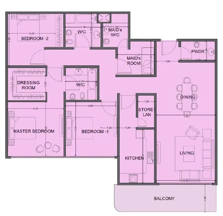 One Residence Al Reem Island 3 bed floor plan, 1,911 sqft