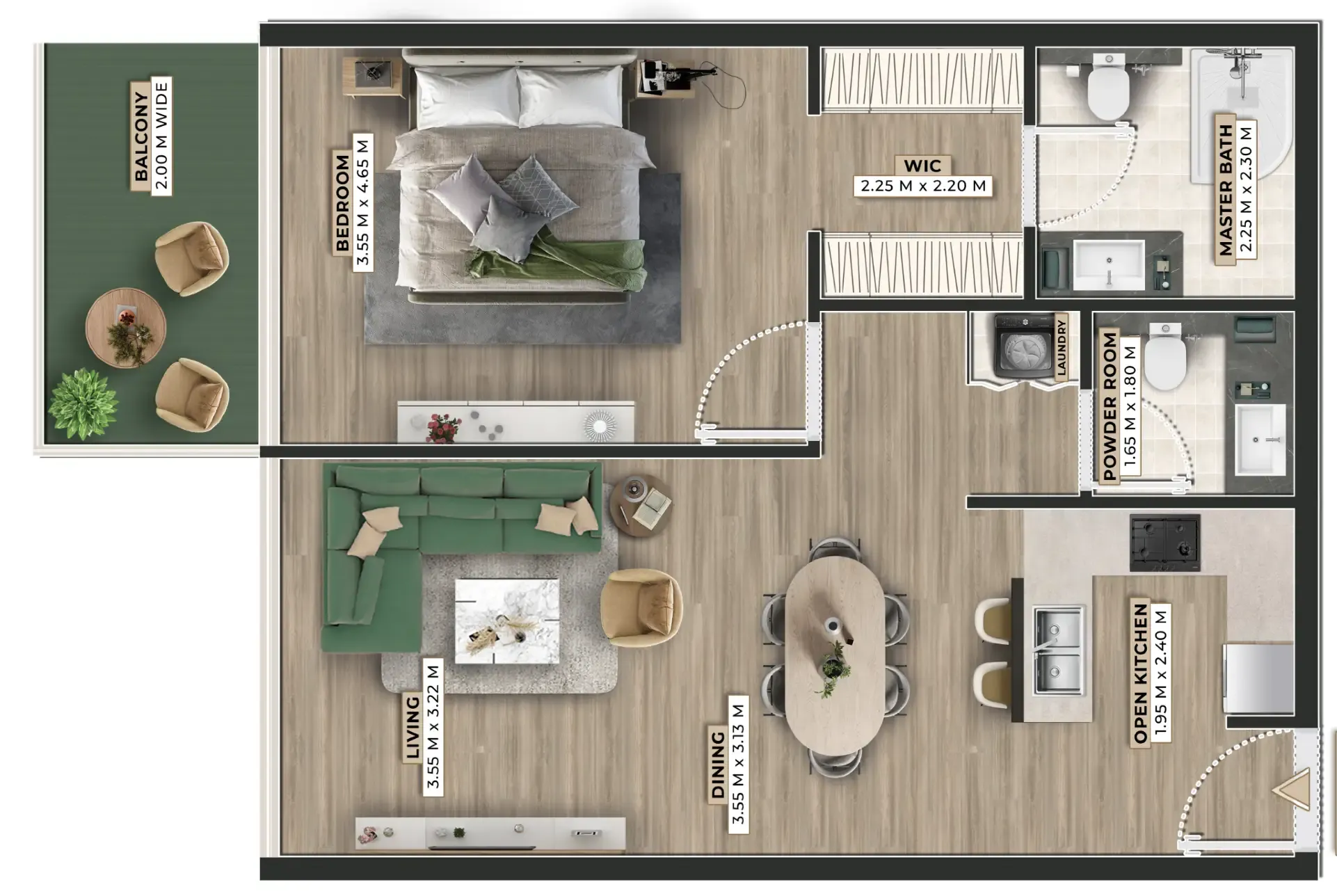 Firoza 1 bed floor plan, 822 sqft