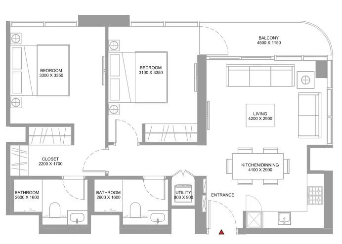 Coastline Beach Residences 2 bed floor plan, 864 sqft