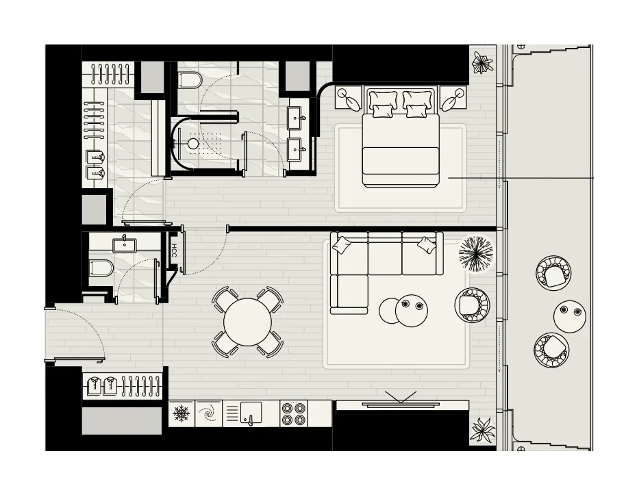 Iconic Tower 1 bed floor plan, 1,071 – 1,090 sqft