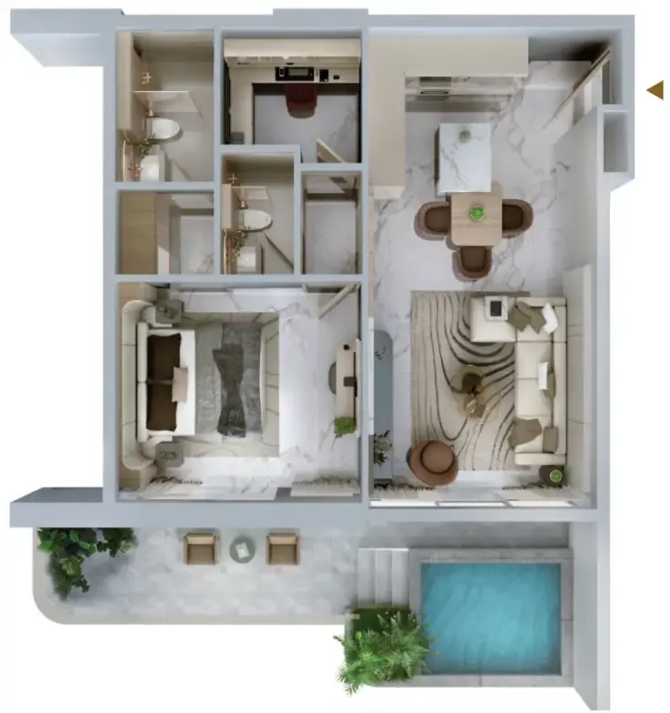 Blossom 76 1 bed floor plan, 958 sqft