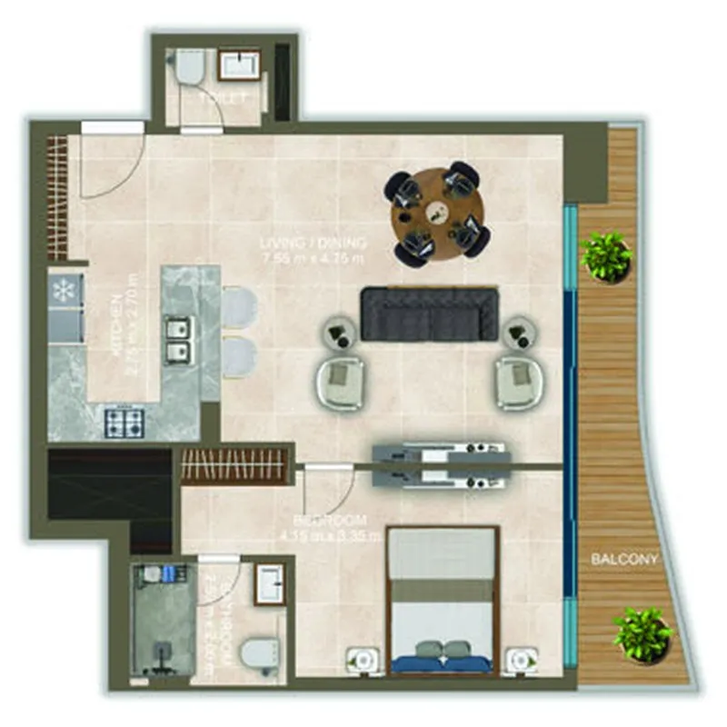 Nova Tower 1 bed floor plan, 886 sqft