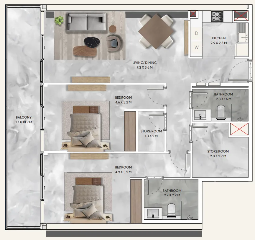 California Residences 2 bed floor plan, 1,359 – 1,361 sqft