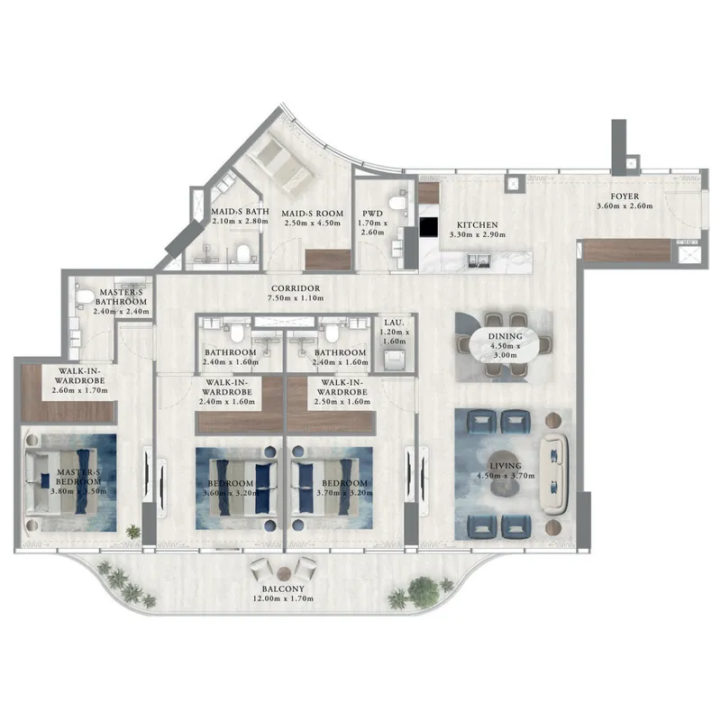 Royal Yacht Club Residence 3 bed floor plan, 1,992 sqft