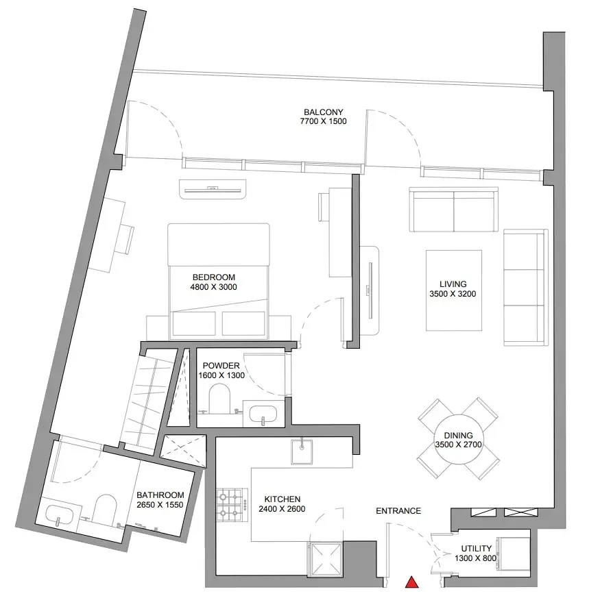 Sobha Orbis 1 bed floor plan, 830 sqft