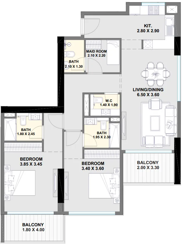 Ayaan Heights 1 2 bed floor plan, 1,294 – 1,297 sqft