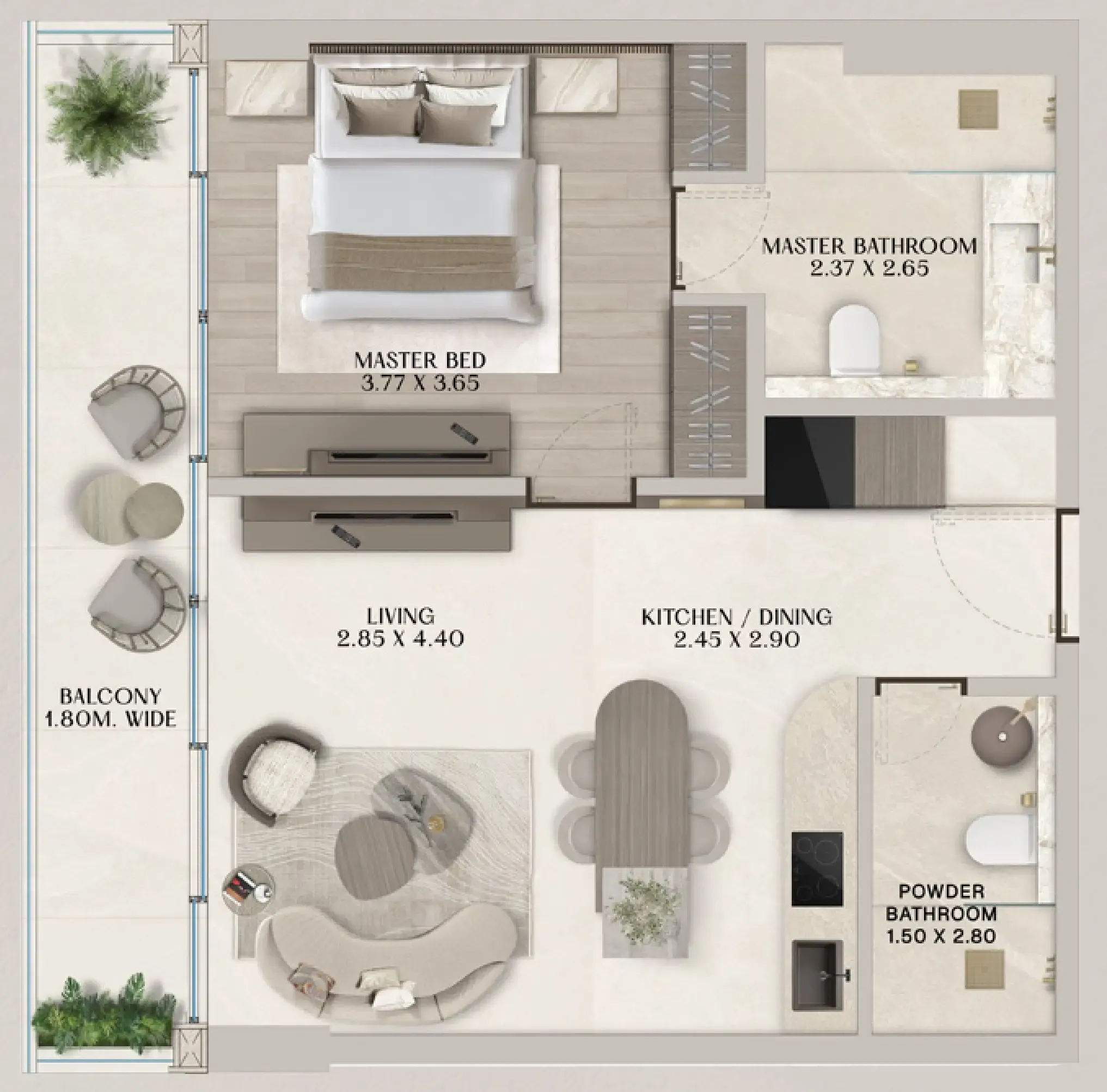 Soléva Beach Residences 1 bed floor plan, 812 sqft