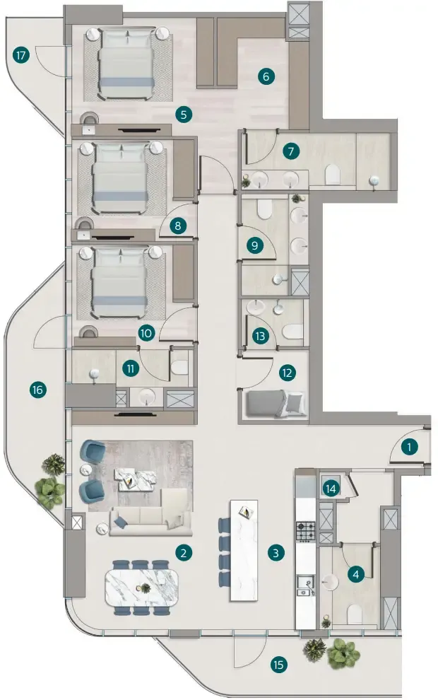 Flora Shore Beachside Residences 3 bed floor plan, 1,092 sqft