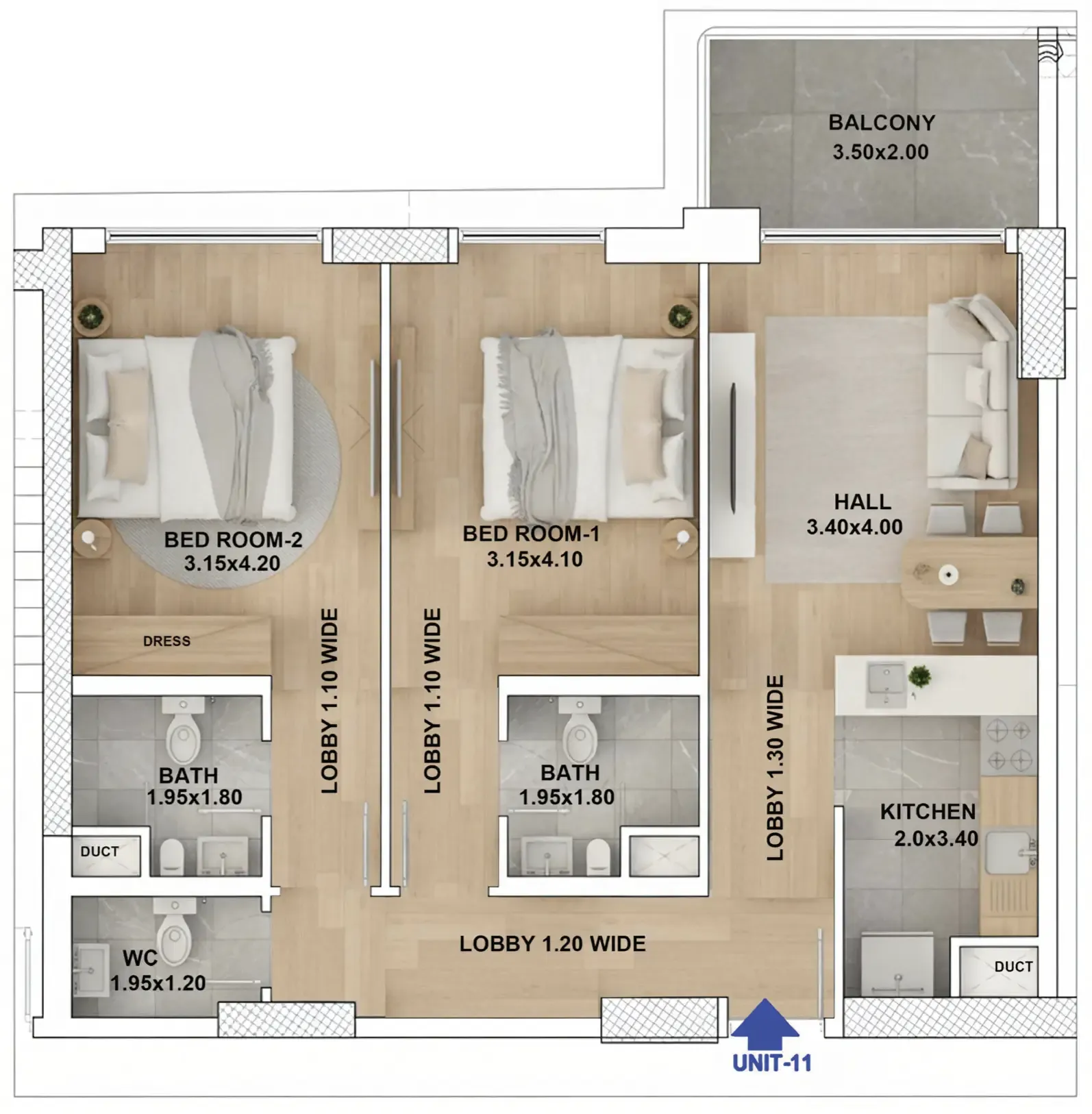 RR Residence 2 bed floor plan, 991 sqft