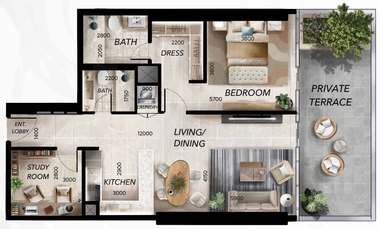 Radiant Waves 1 bed floor plan, 1,236 sqft