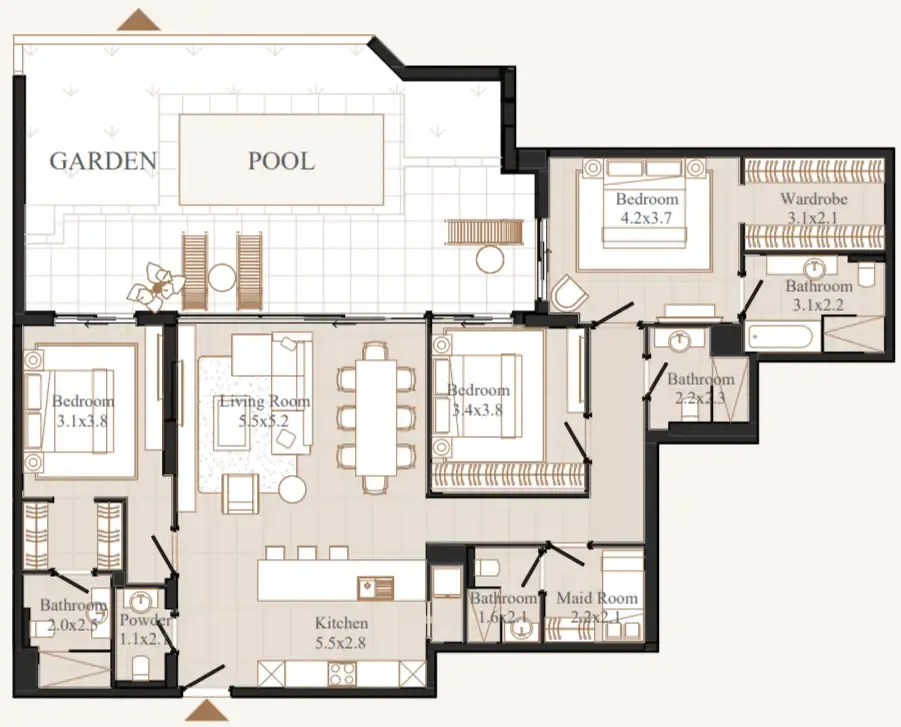 Flamingo LUX 3 bed floor plan, 2,286 sqft
