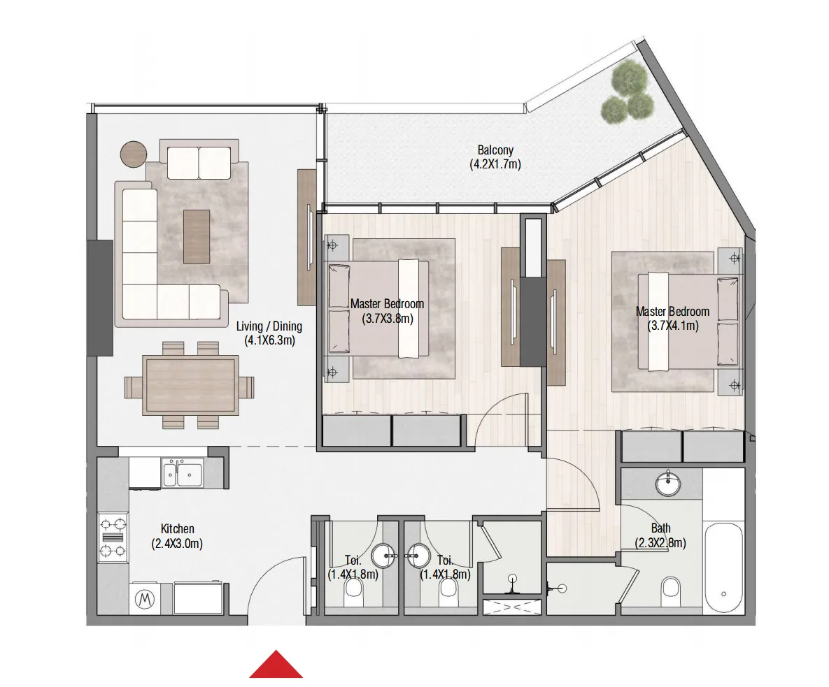 South Living 2 bed floor plan, 1,306 sqft