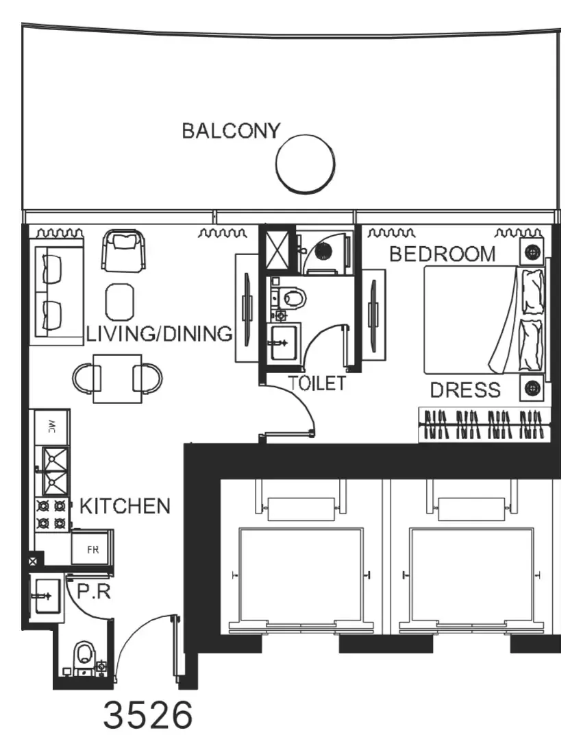 The WOW Tower 1 bed floor plan, 791 sqft