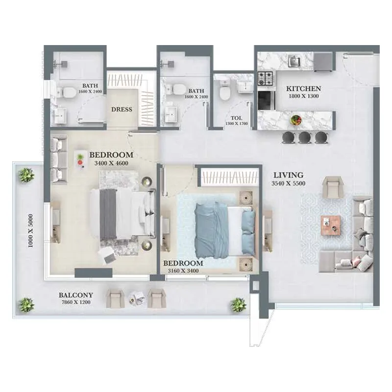 Aum 99 Residences 2 bed floor plan, 975 sqft