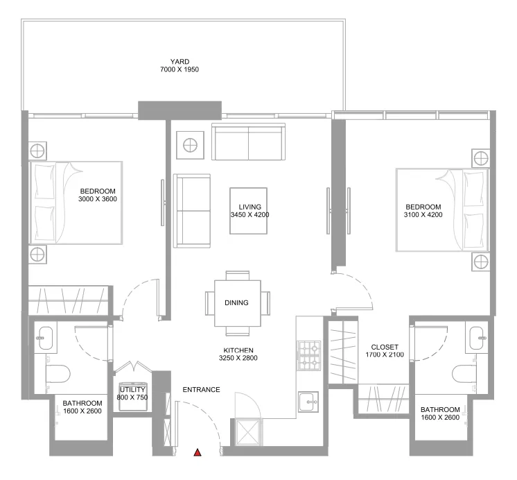 Coastline Beach Residences 2 bed floor plan, 923 sqft