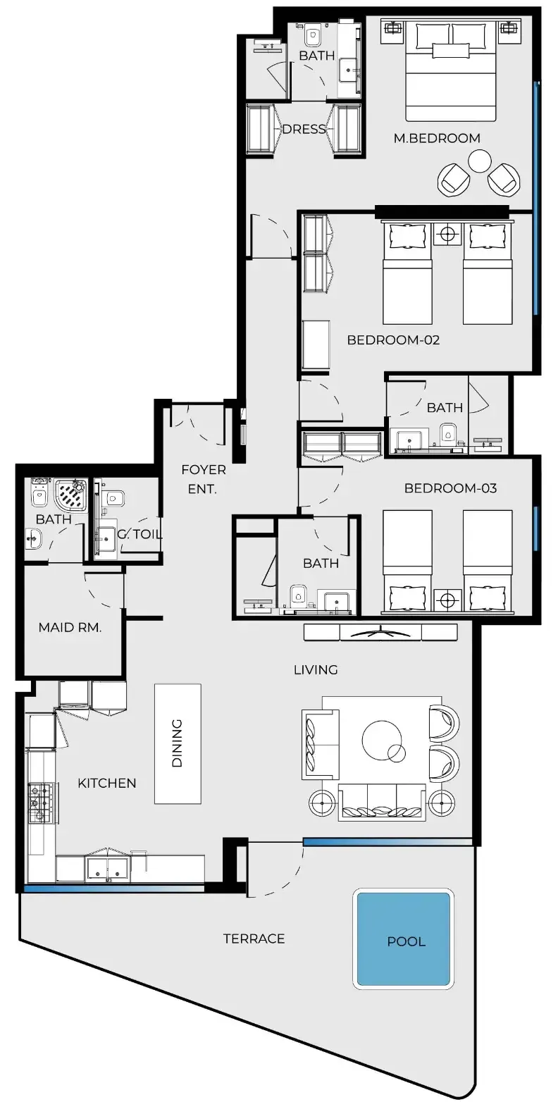 Luxury Canal Residences 3 bed floor plan, 2,009 sqft